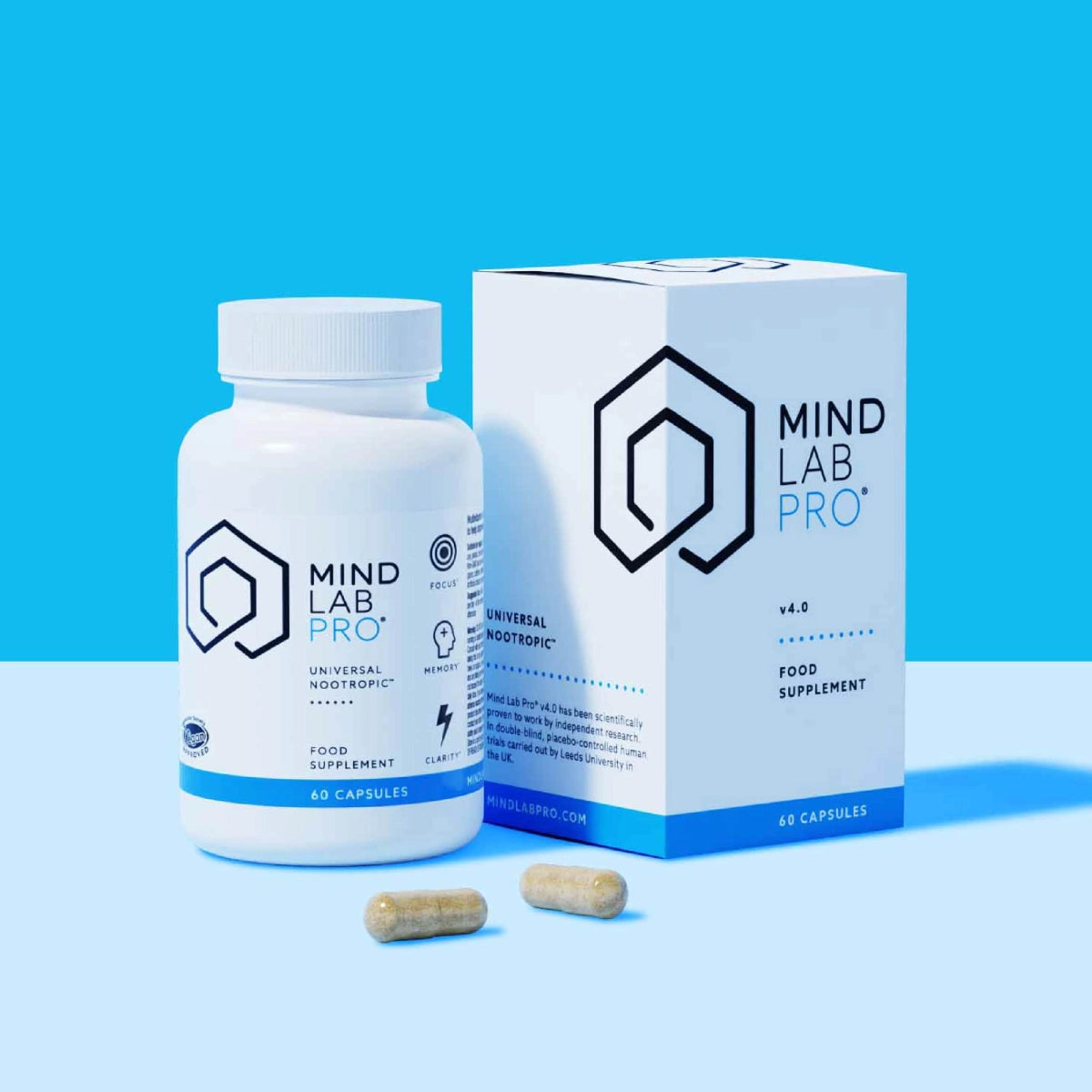 Mind Lab Pro supplement bottle and box packaging with two capsules.