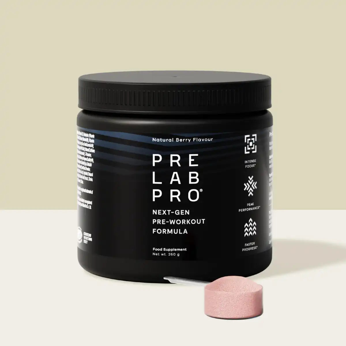 Pre Lab Pro supplement tub next to a scoop of pink powder.